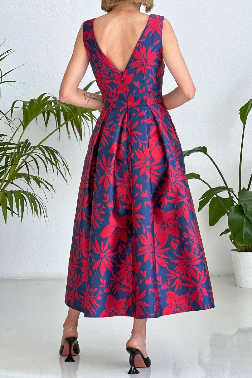 Lunatica Milano Abito Floral Red Blu V Neck Back Shopping Online