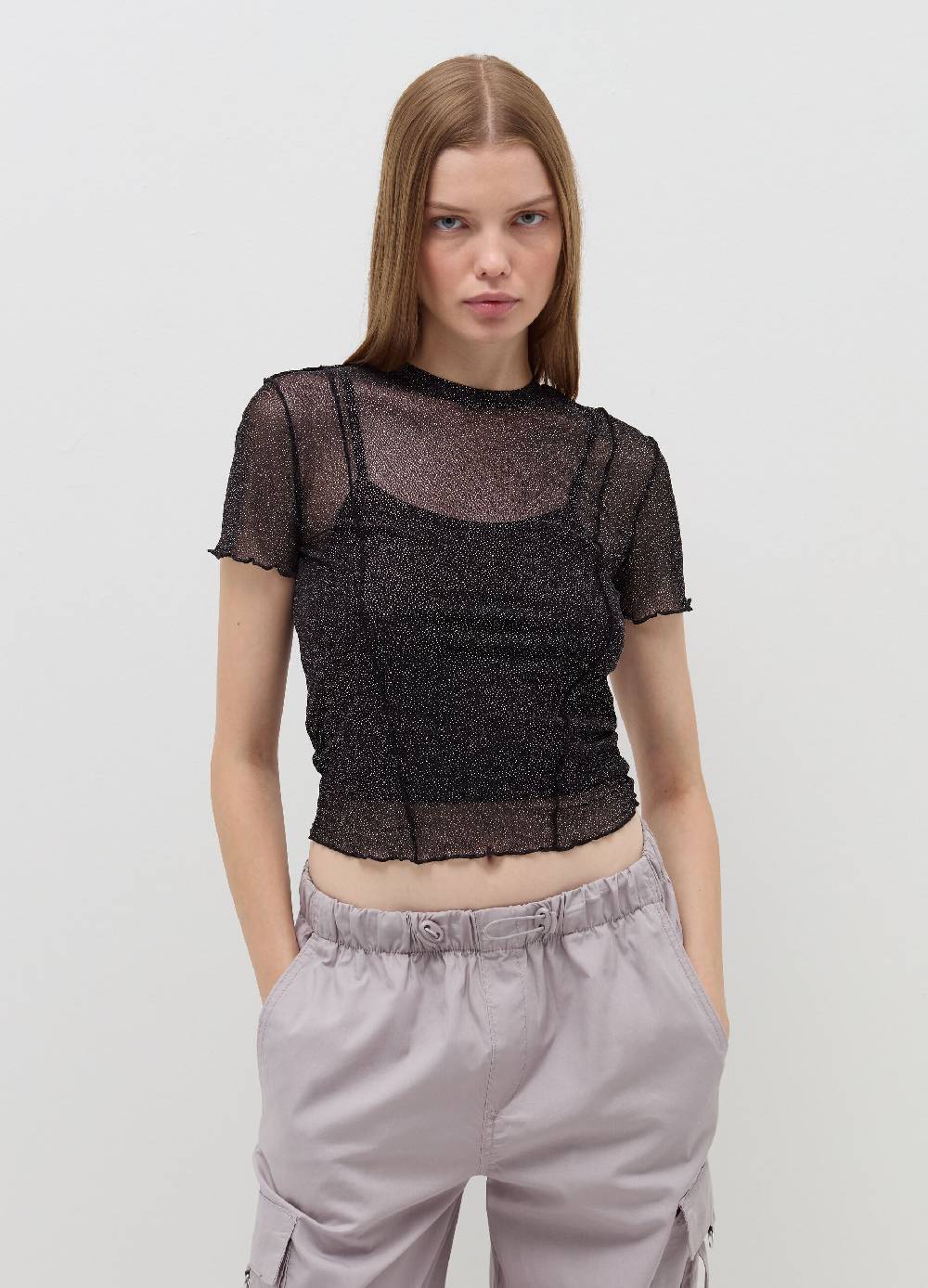 B. ANGEL T-shirt crop in mesh con profili ondulati Soddisfazione Garantita