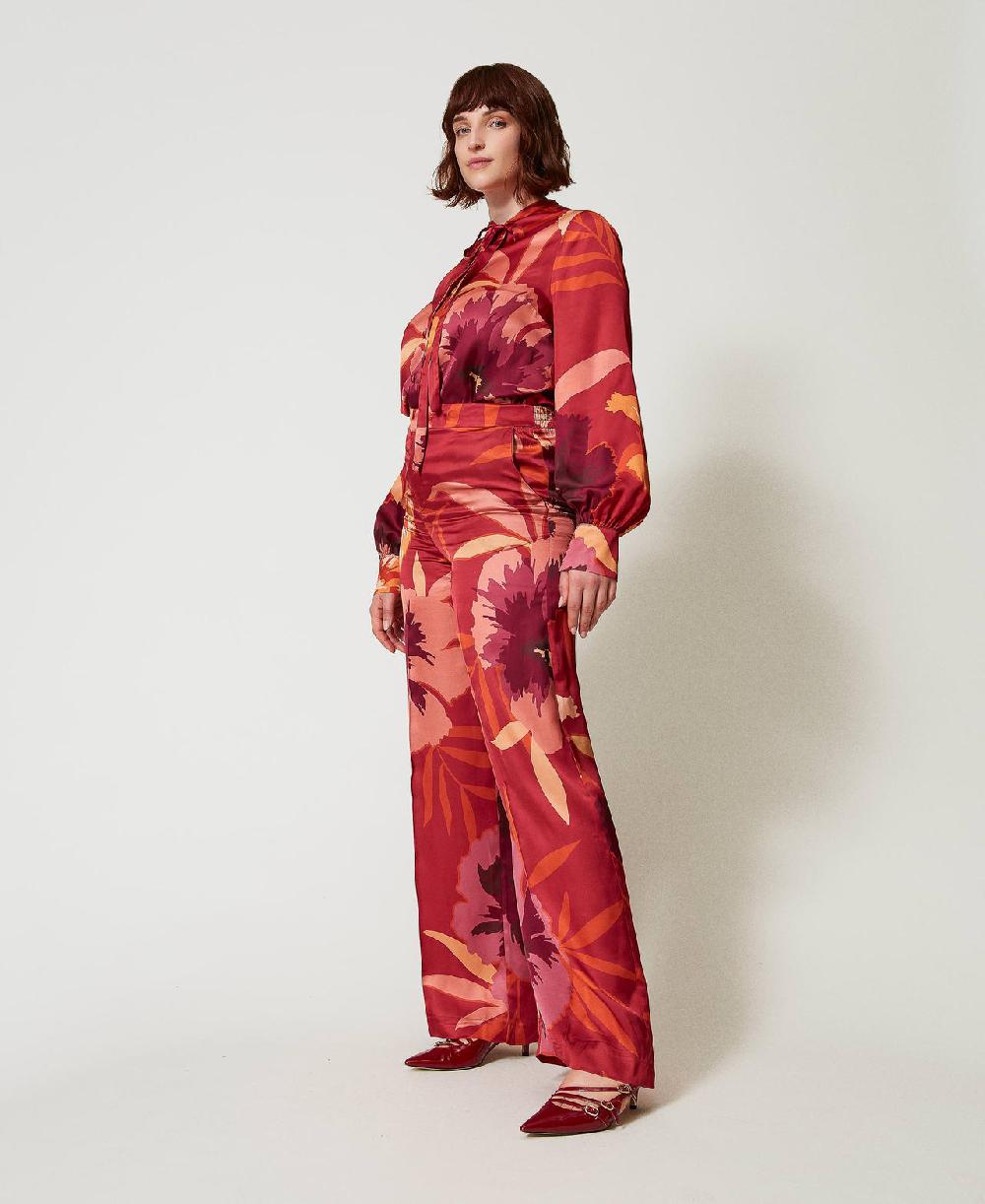 Scee by twin set Pantaloni wide leg in raso a fiori Prezzo Ridotto