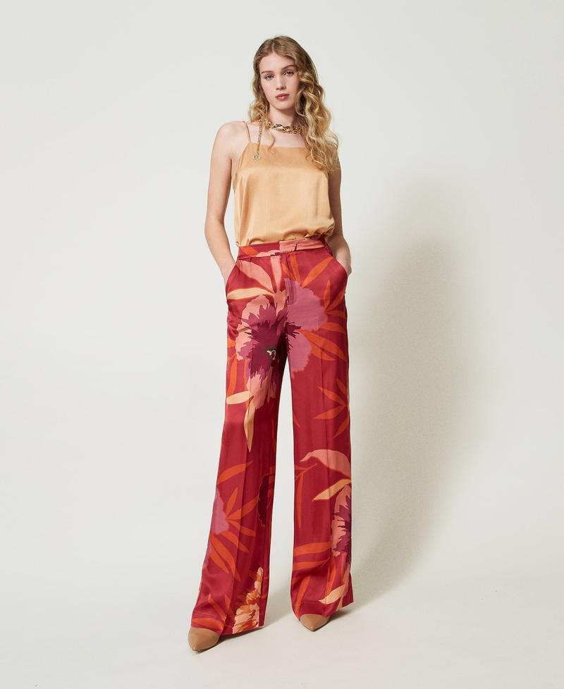 Scee by twin set Pantaloni wide leg in raso a fiori Prezzo Ridotto