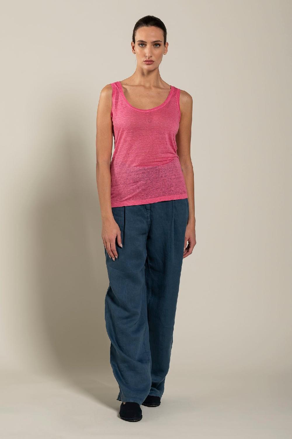 120% Lino Woman Round Neck Tank Top Qualità