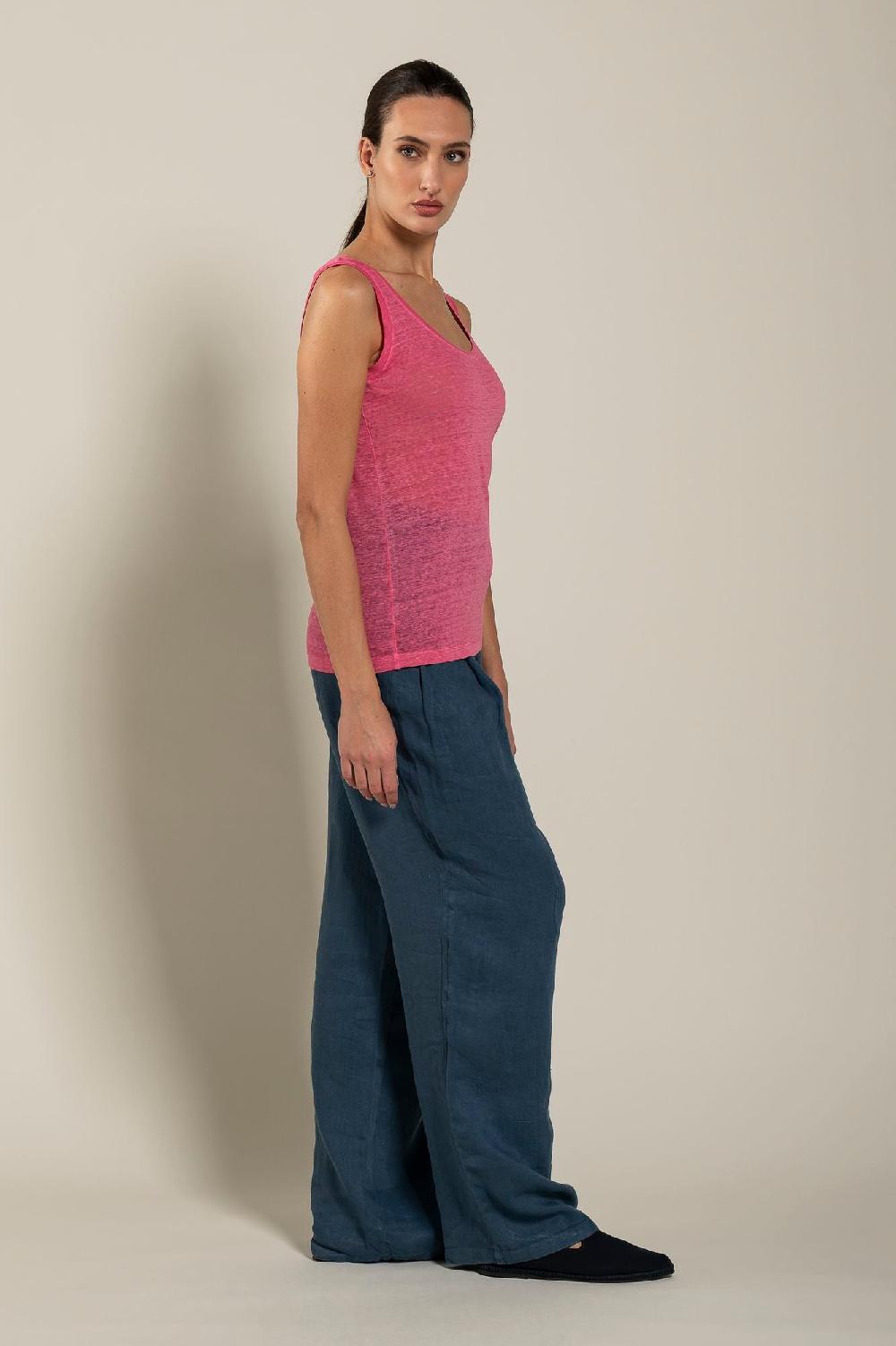 120% Lino Woman Round Neck Tank Top Qualità