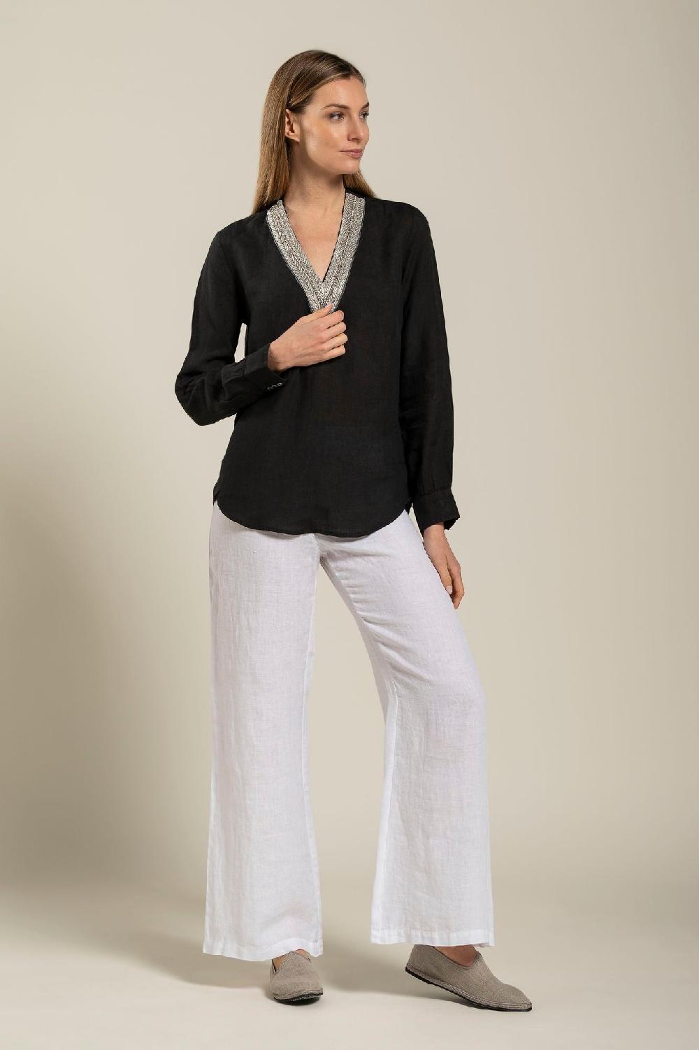 120% Lino Long Sleeve Blouse With V-Neck and Sequin Detail Consegna Veloce