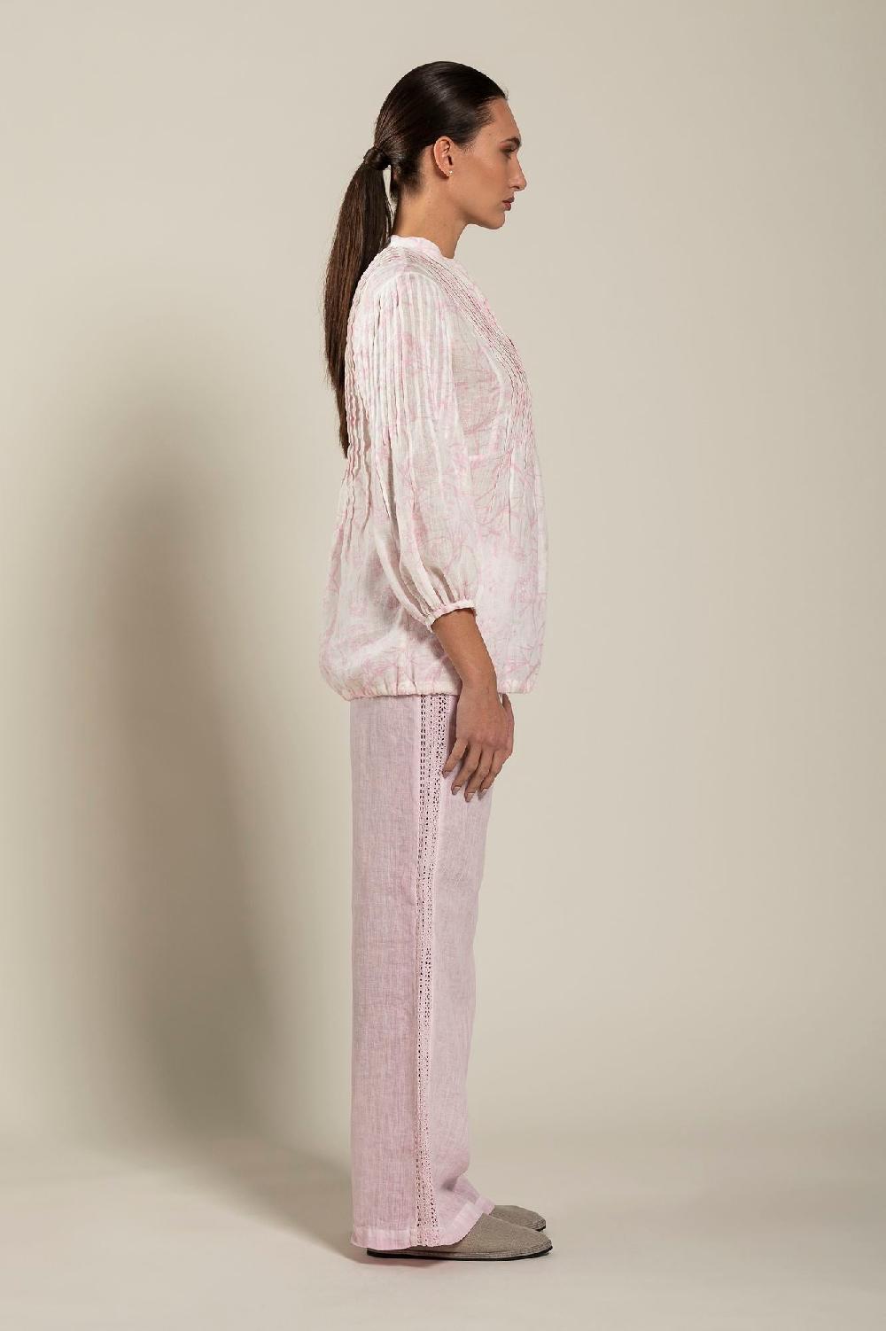 120% Lino Long Sleeve Blouse with Delicate Printed Fino Al -60%