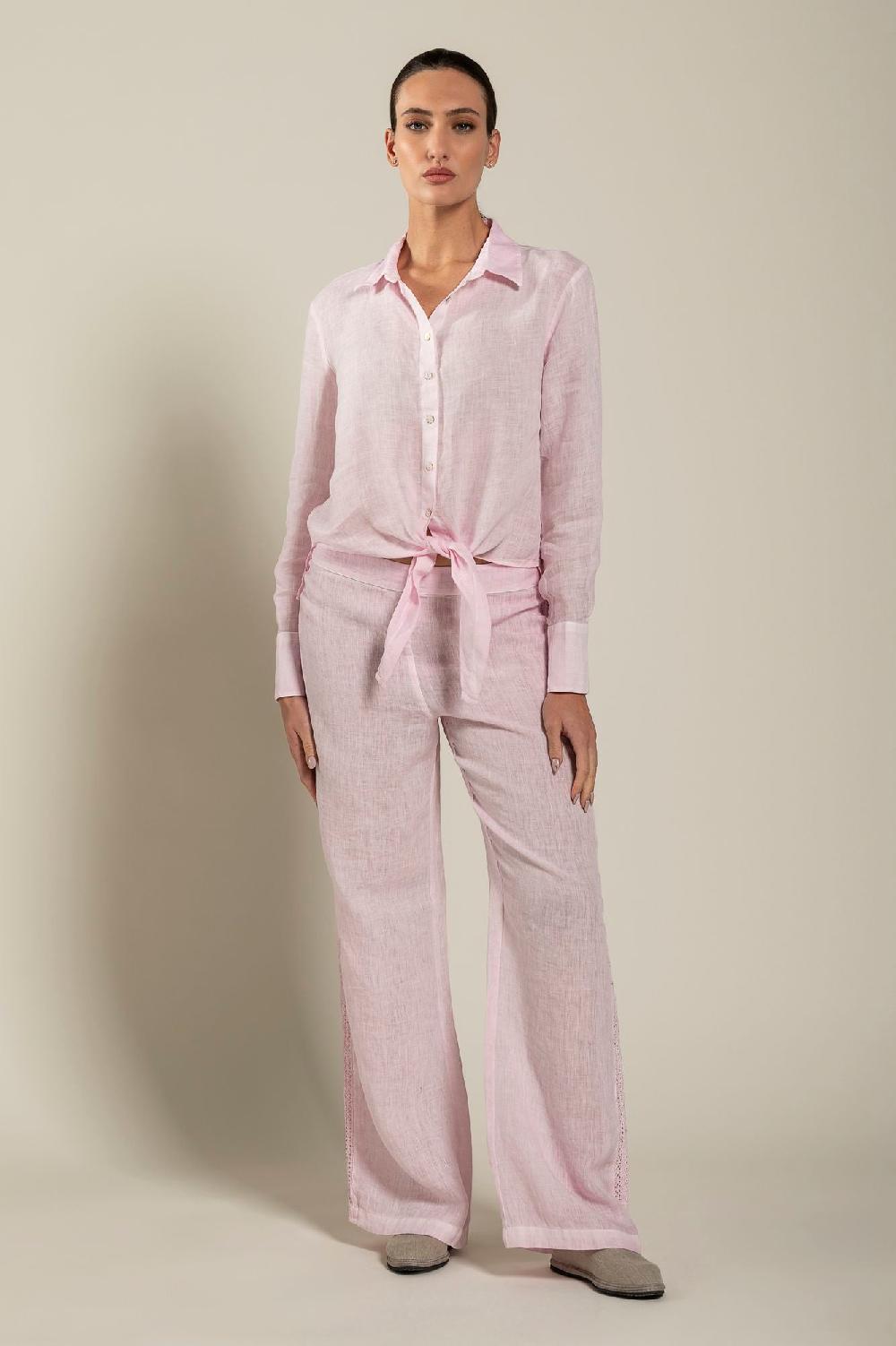 120% Lino Long Sleeve Shirt with Tie-Front Shopping Online