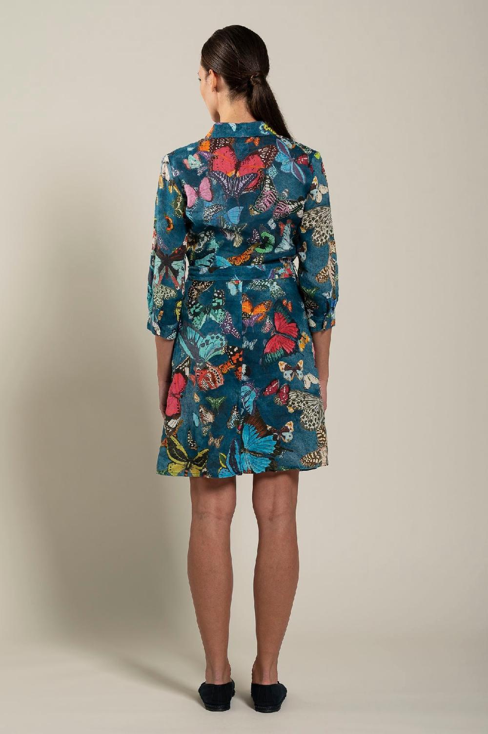 120% Lino Dress With Butterfly Printed and Belt Affare Del Giorno