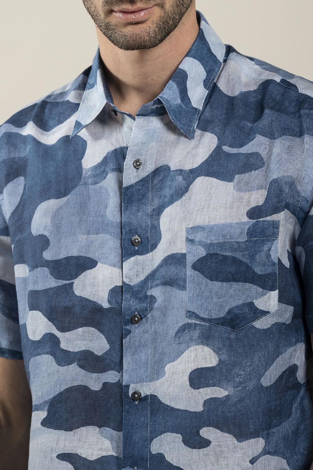 120% Lino Regular Fit Camo Print Shirt Sconto