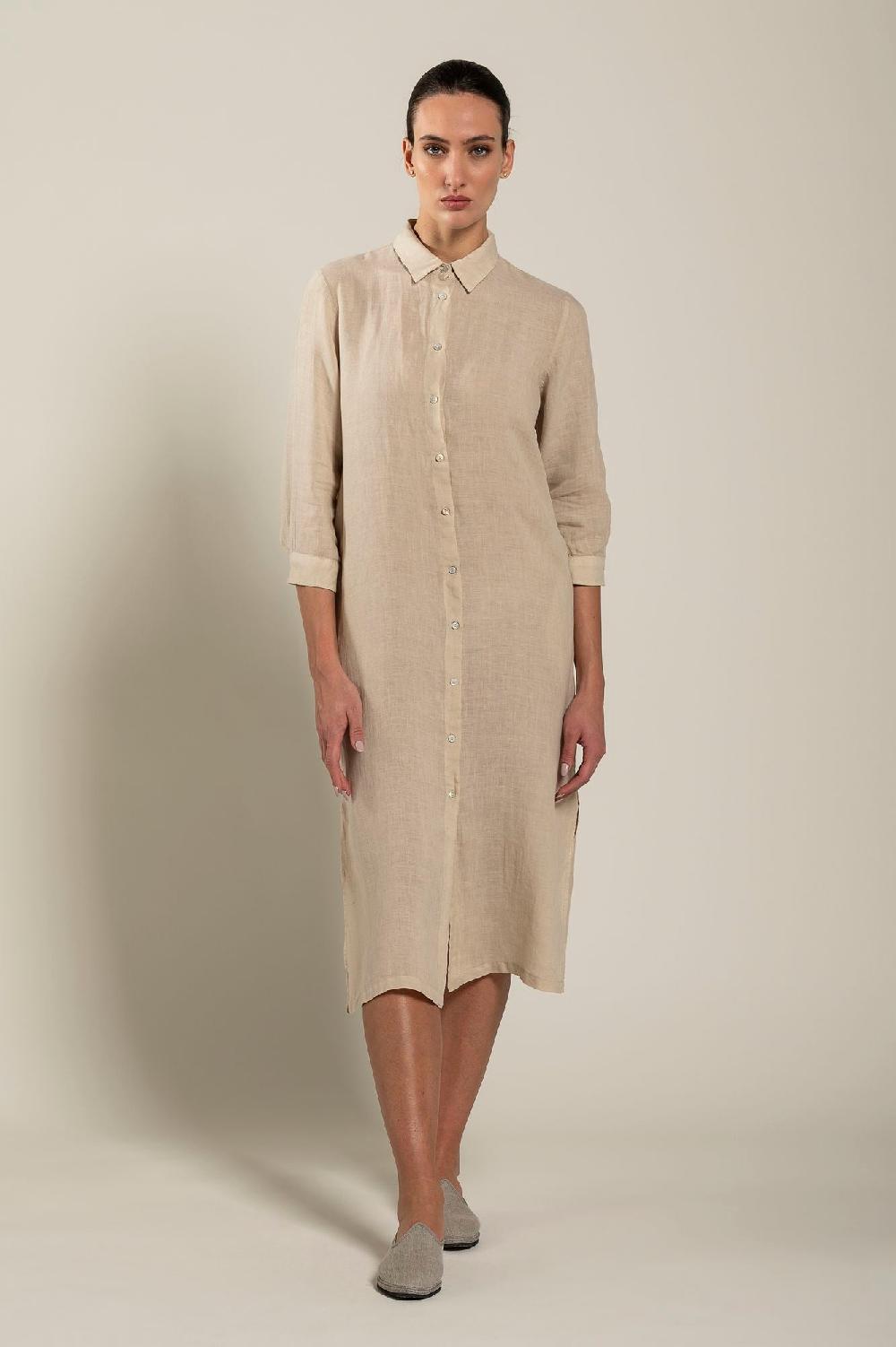 120% Lino Long Sleeve Shirt Dress with Side Slits Negozio