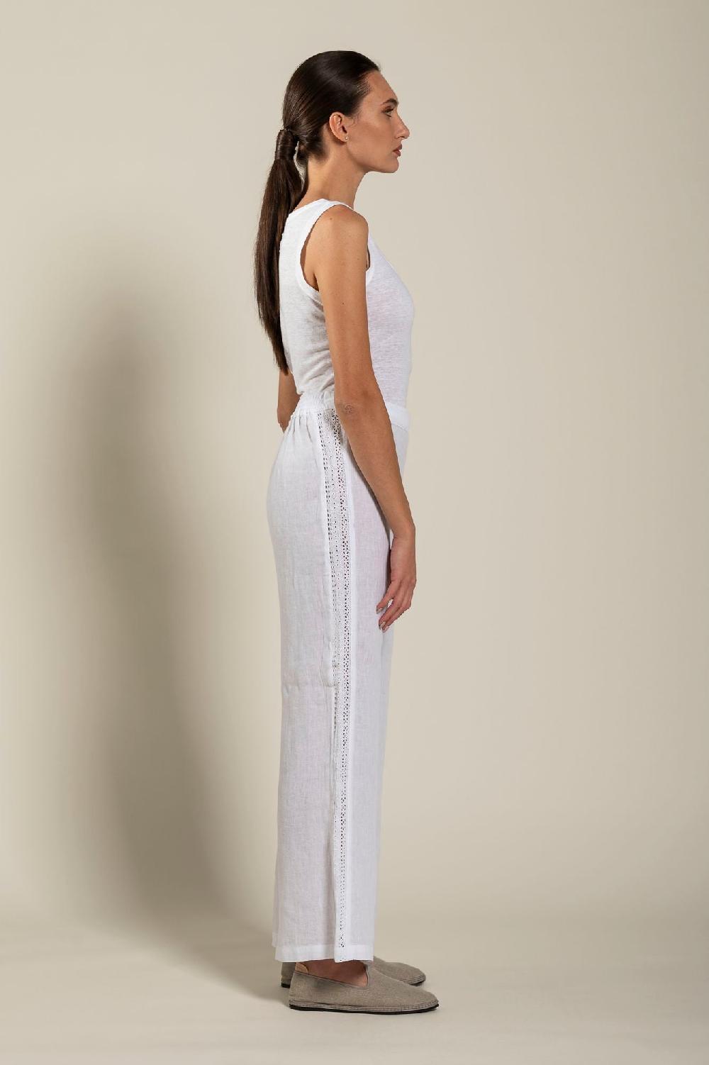 120% Lino Wide-Leg Long Pant With Embroidered Detail Moda