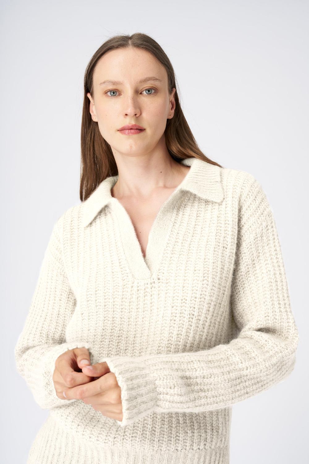 120% Lino V-Neck Collared Cashmere Blend Sweater Offerta speciale