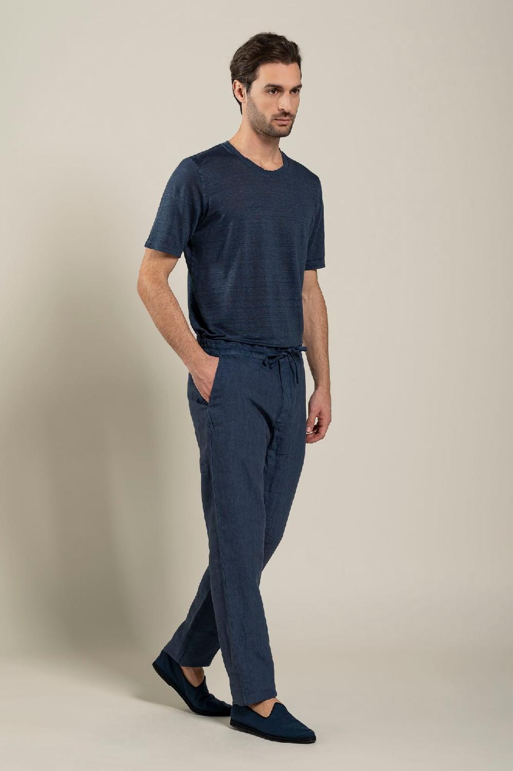 120% Lino Man Navy Drawstring Pant Fornitura limitata