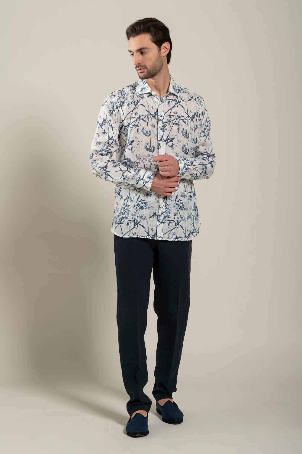 120% Lino Long Sleeve Man Slim Floral Patterned Fit Shirt Offerta esclusiva