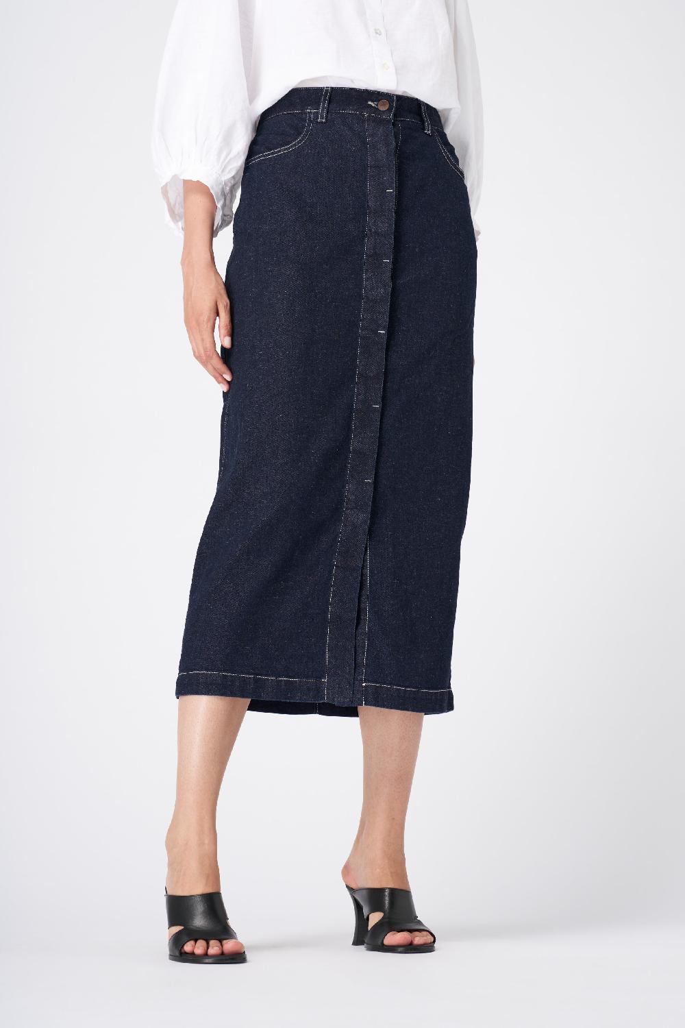 120% Lino Classic High-Waisted Denim Midi Skirt Offerta migliore
