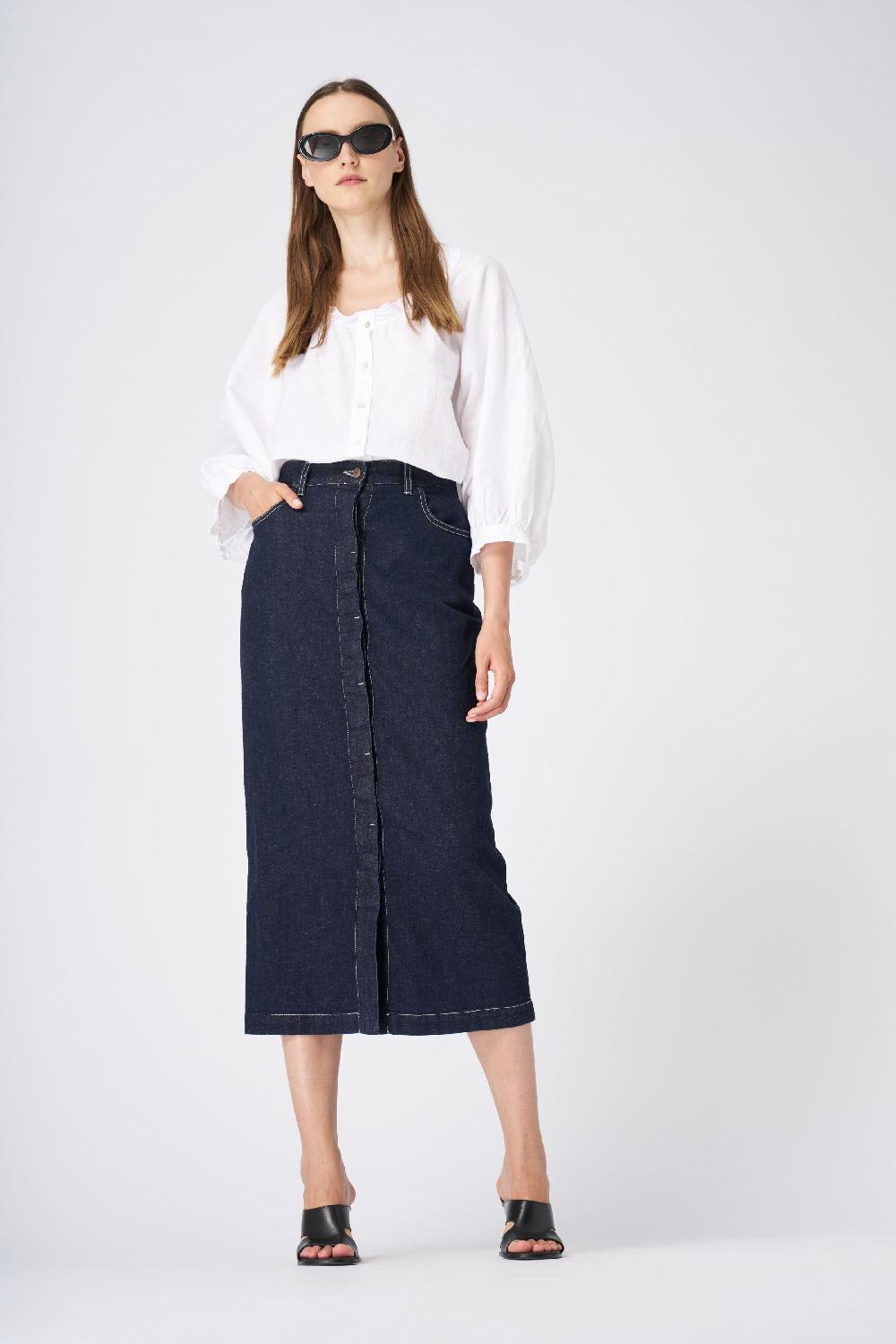 120% Lino Classic High-Waisted Denim Midi Skirt Offerta migliore