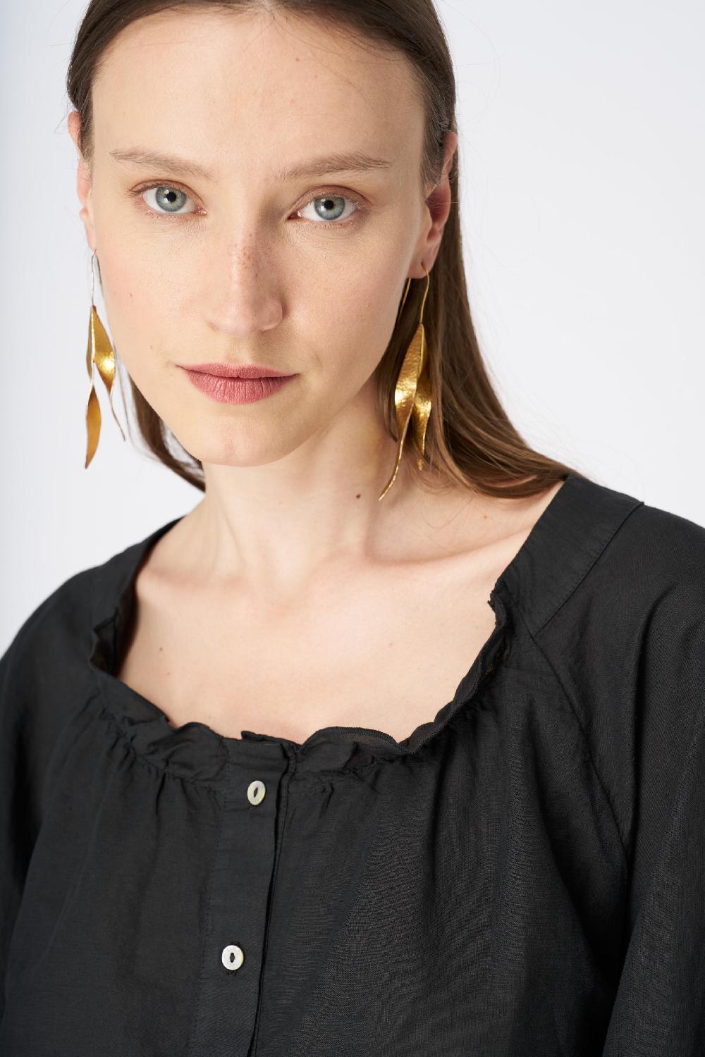 120% Lino Ruffled Neckline Linen Peasant Blouse Offerta temporanea