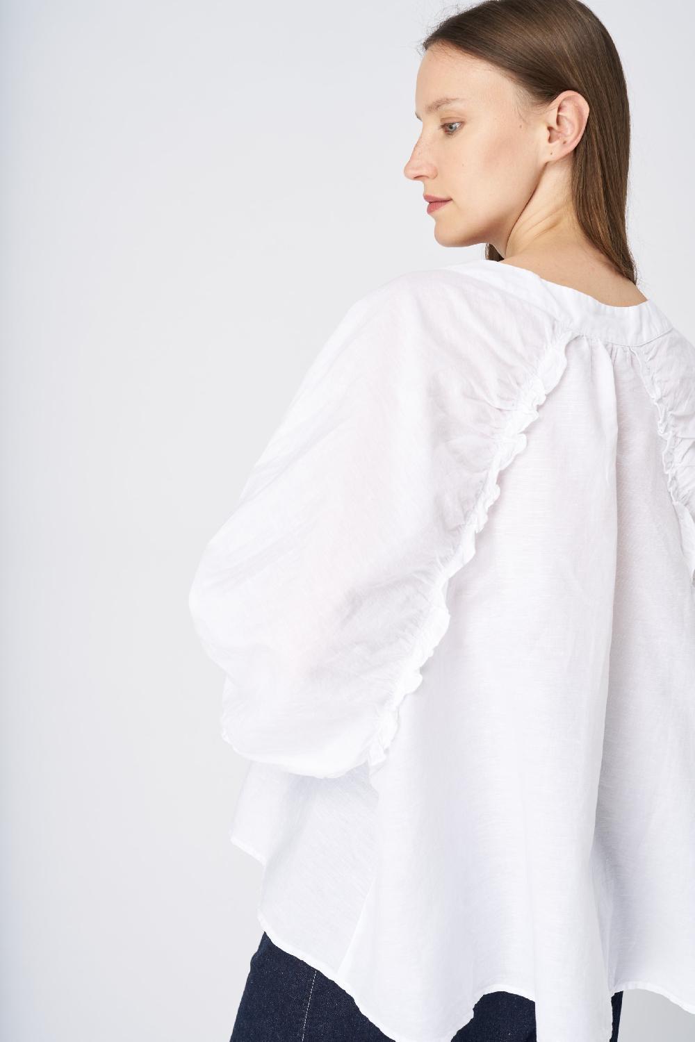 120% Lino Ruffled Neckline Linen Peasant Blouse Offerta temporanea