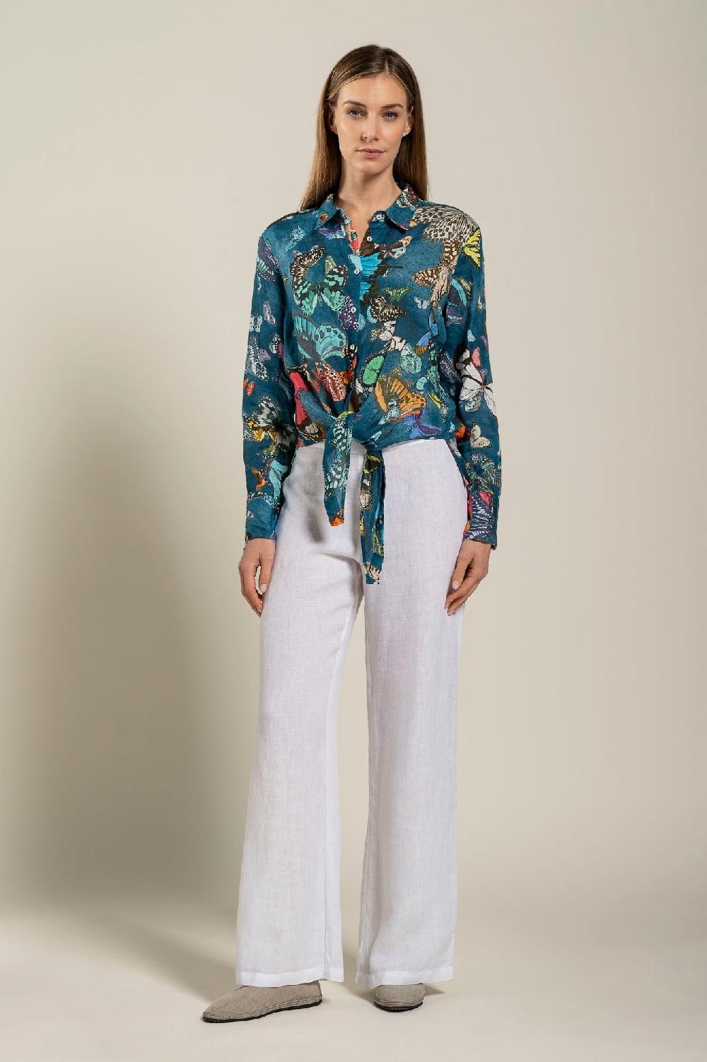 120% Lino Tie-Front Butterfly Print Shirt Offerta settimanale