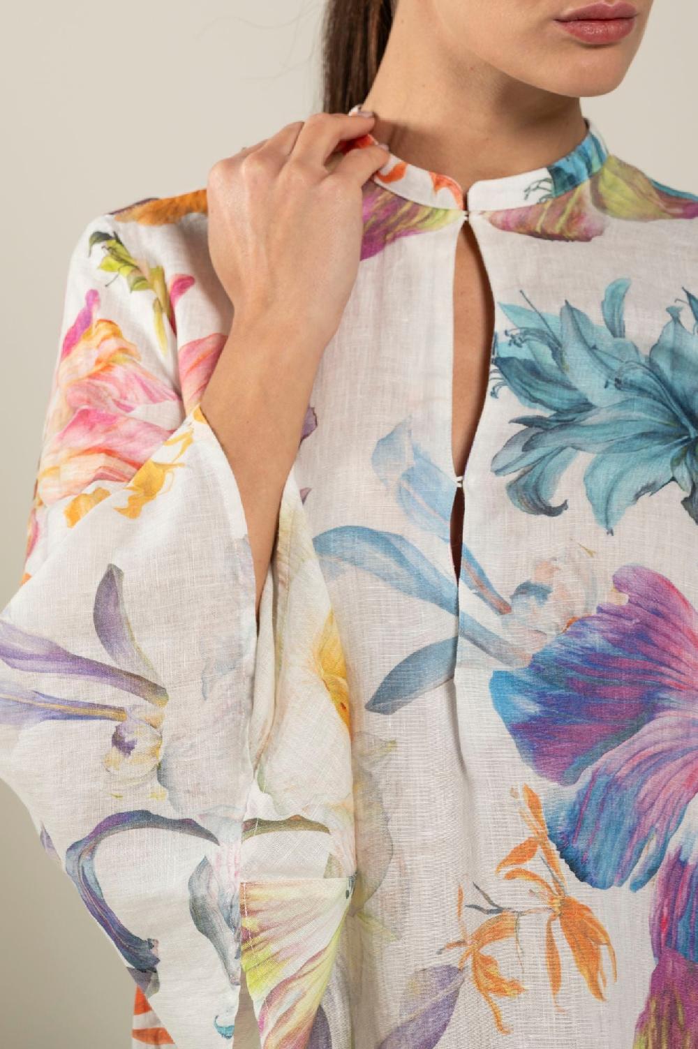 120% Lino Long Sleeve Floral Print Dress Ultimi tre giorni