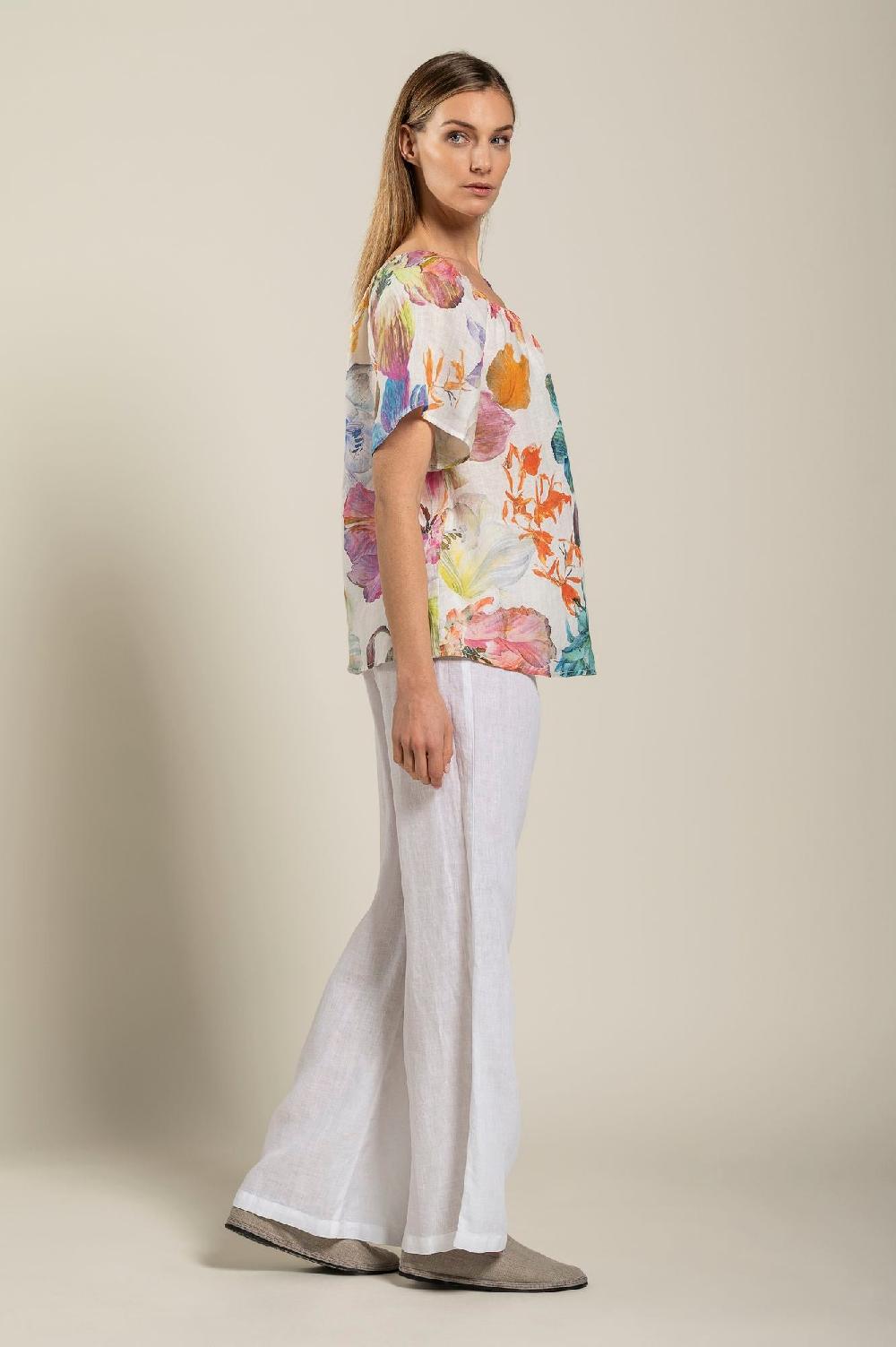 120% Lino Floral Print Women Blouse Latest stili