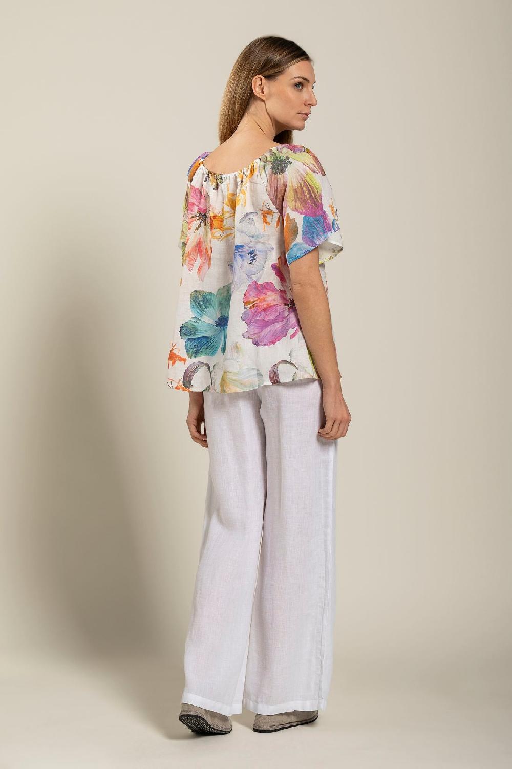 120% Lino Floral Print Women Blouse Latest stili
