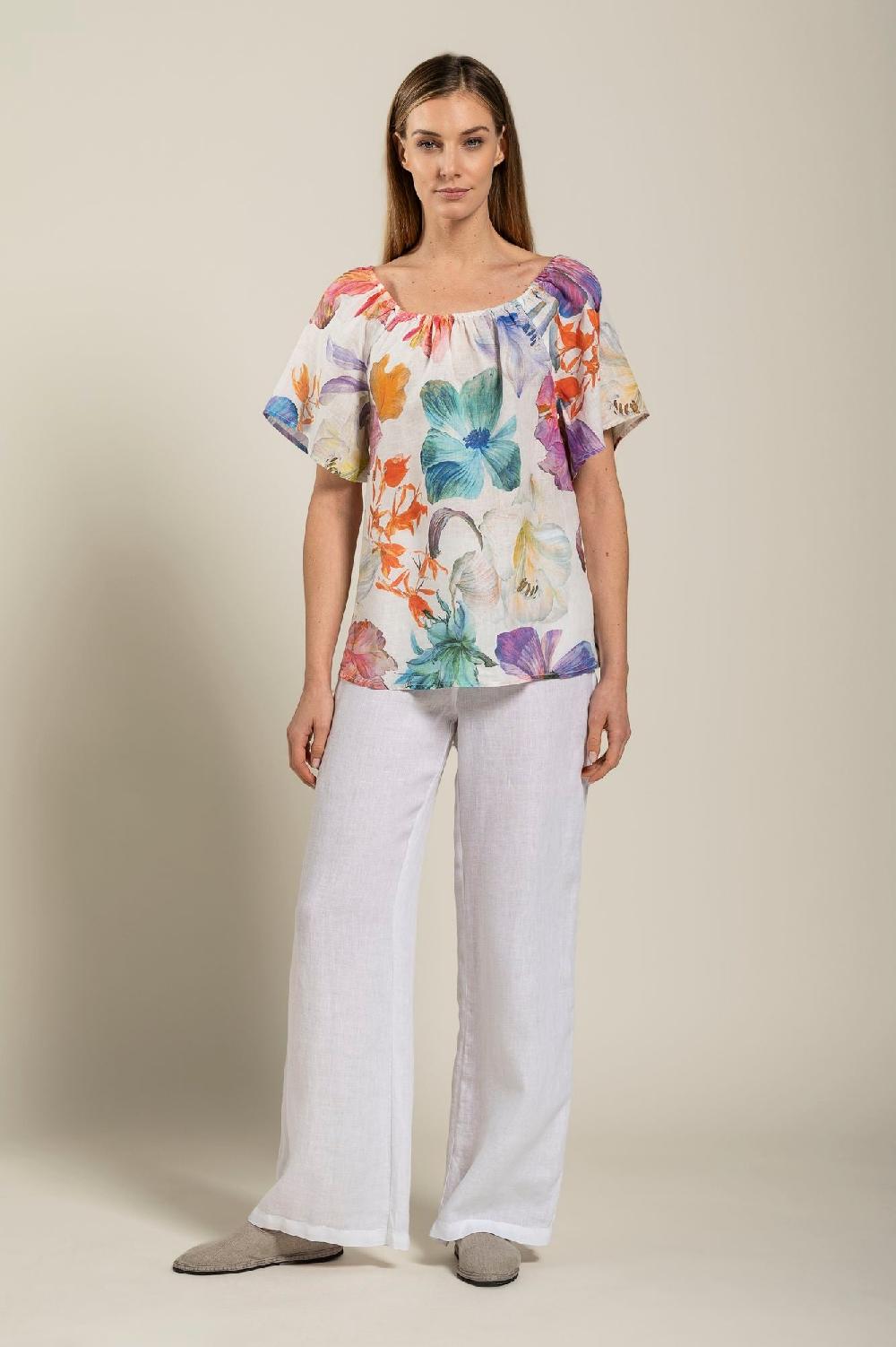 120% Lino Floral Print Women Blouse Latest stili
