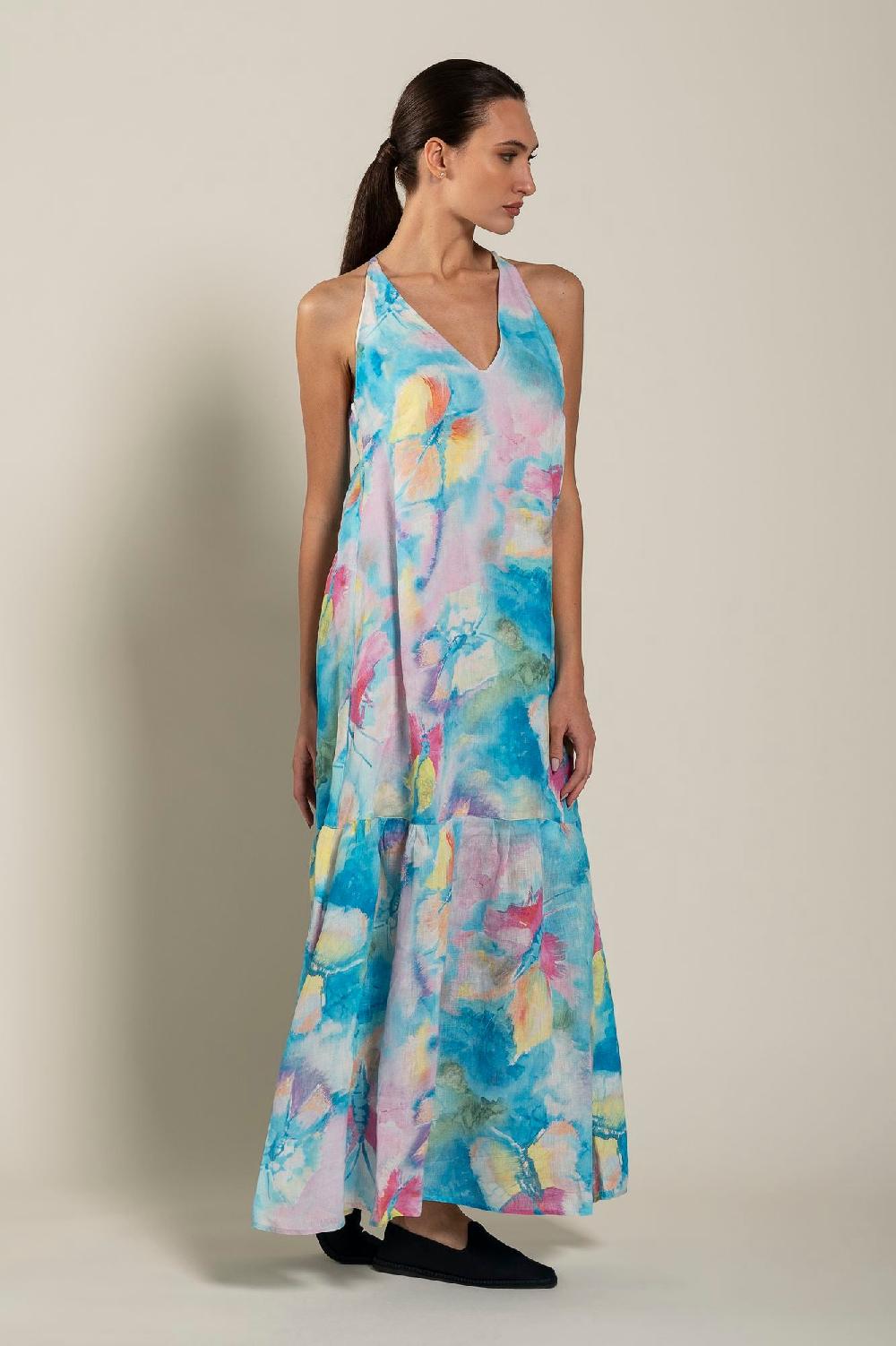 120% Lino Maxi Butterfly Print Dress Fino al 60% di sconto