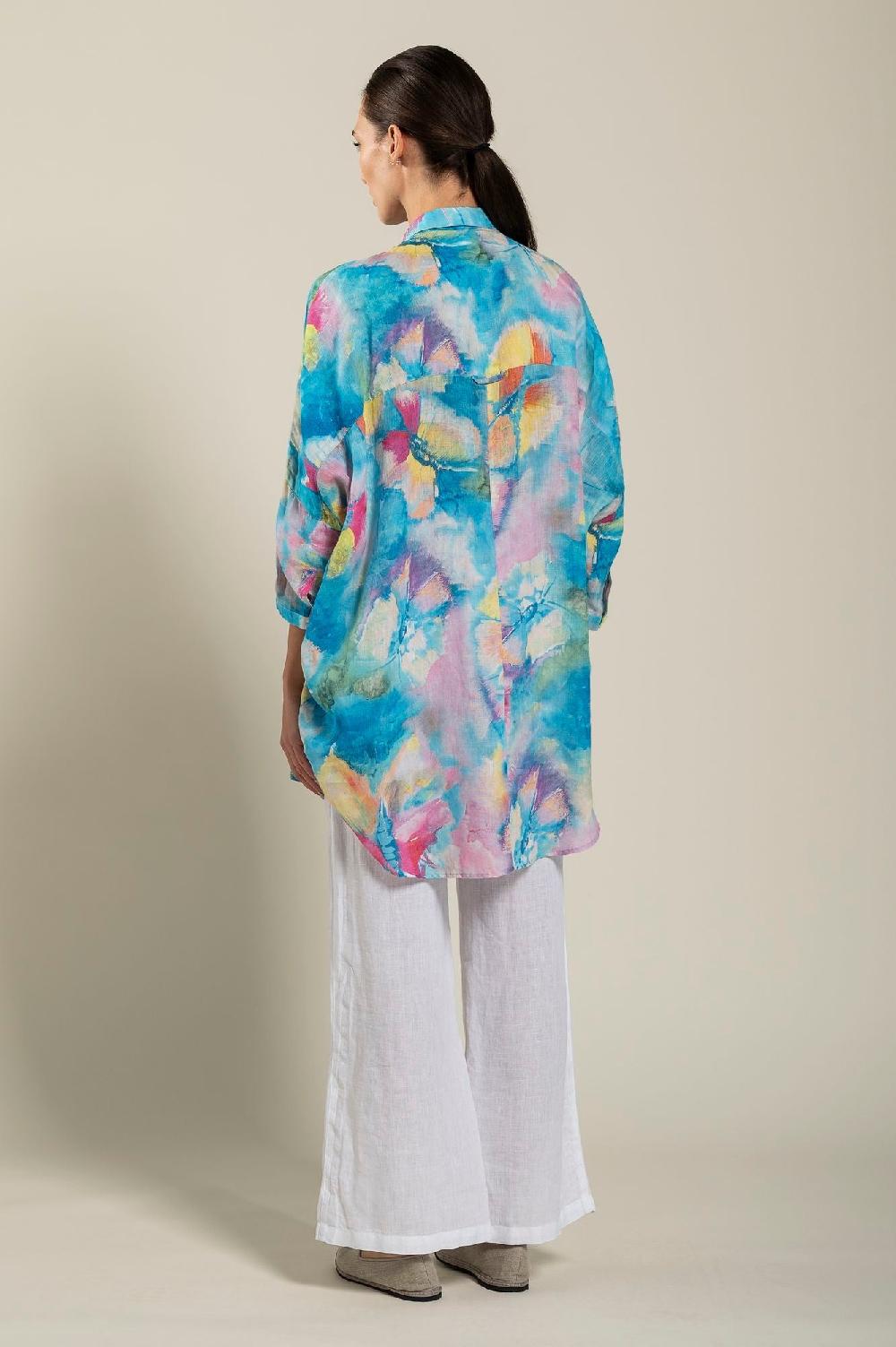 120% Lino Long Sleeve Woman Butterfly Print Shirt Sostegno trimestrale
