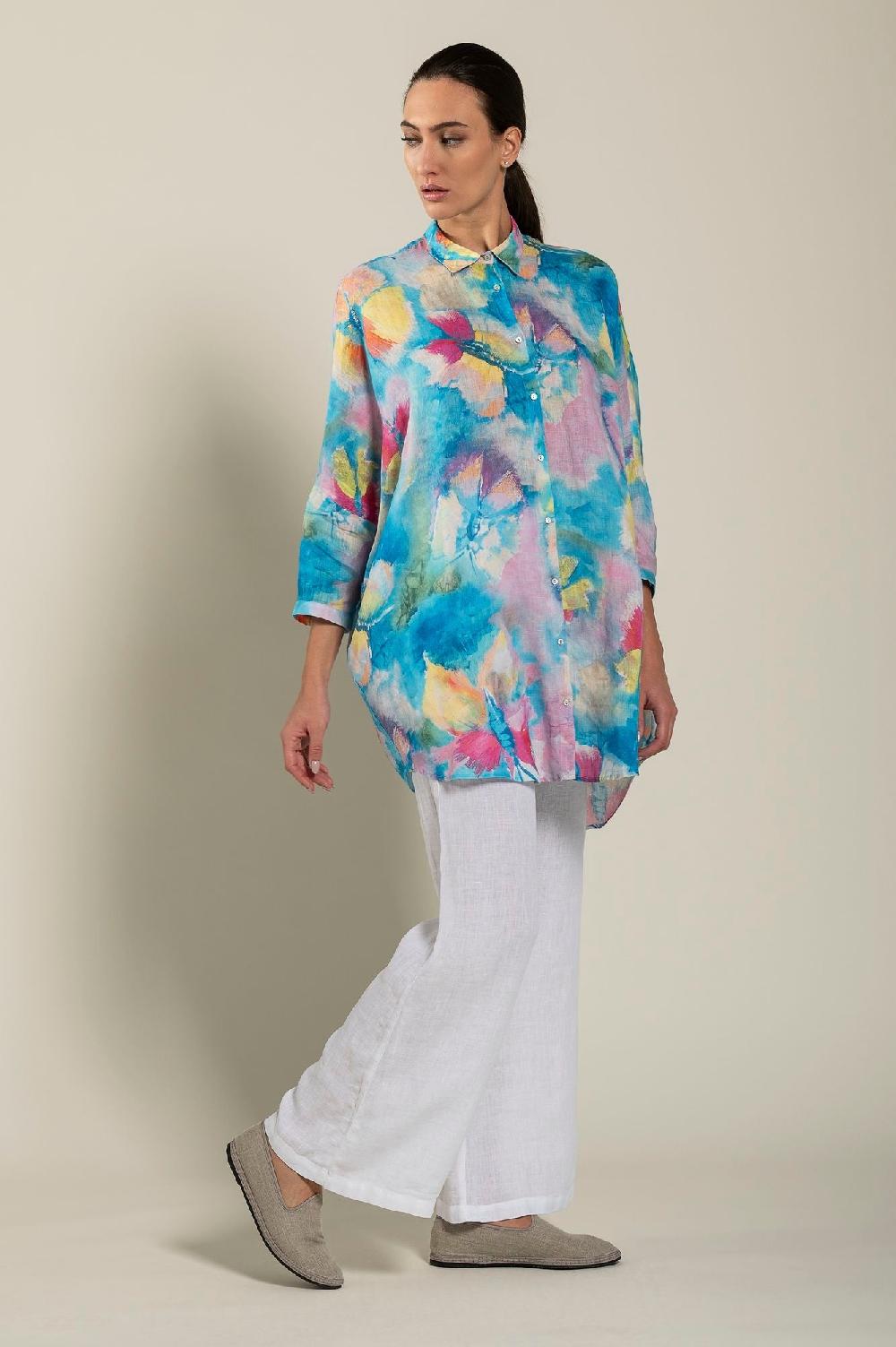 120% Lino Long Sleeve Woman Butterfly Print Shirt Sostegno trimestrale