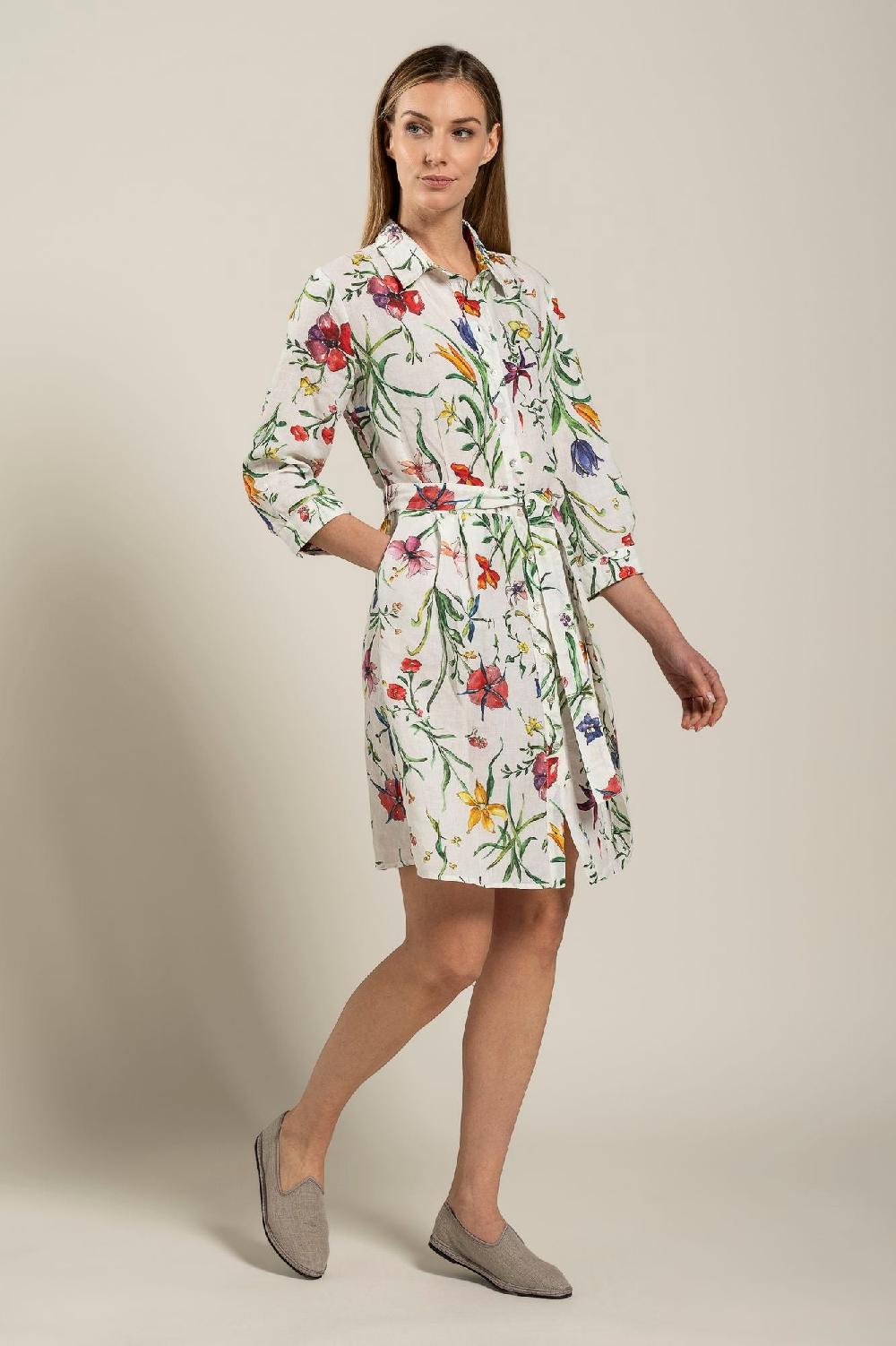 120% Lino Woman Provance Print Dress With Belt Esporta salva