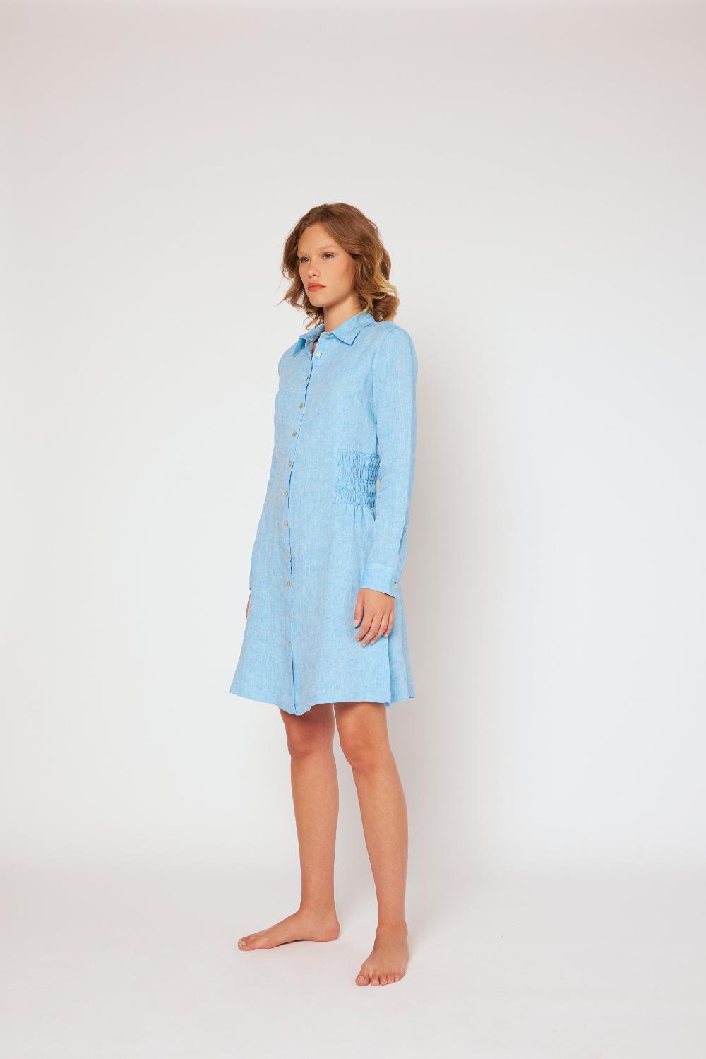 120% Lino Shirt Dress with Elasticized Ruched Waist Duty-free
