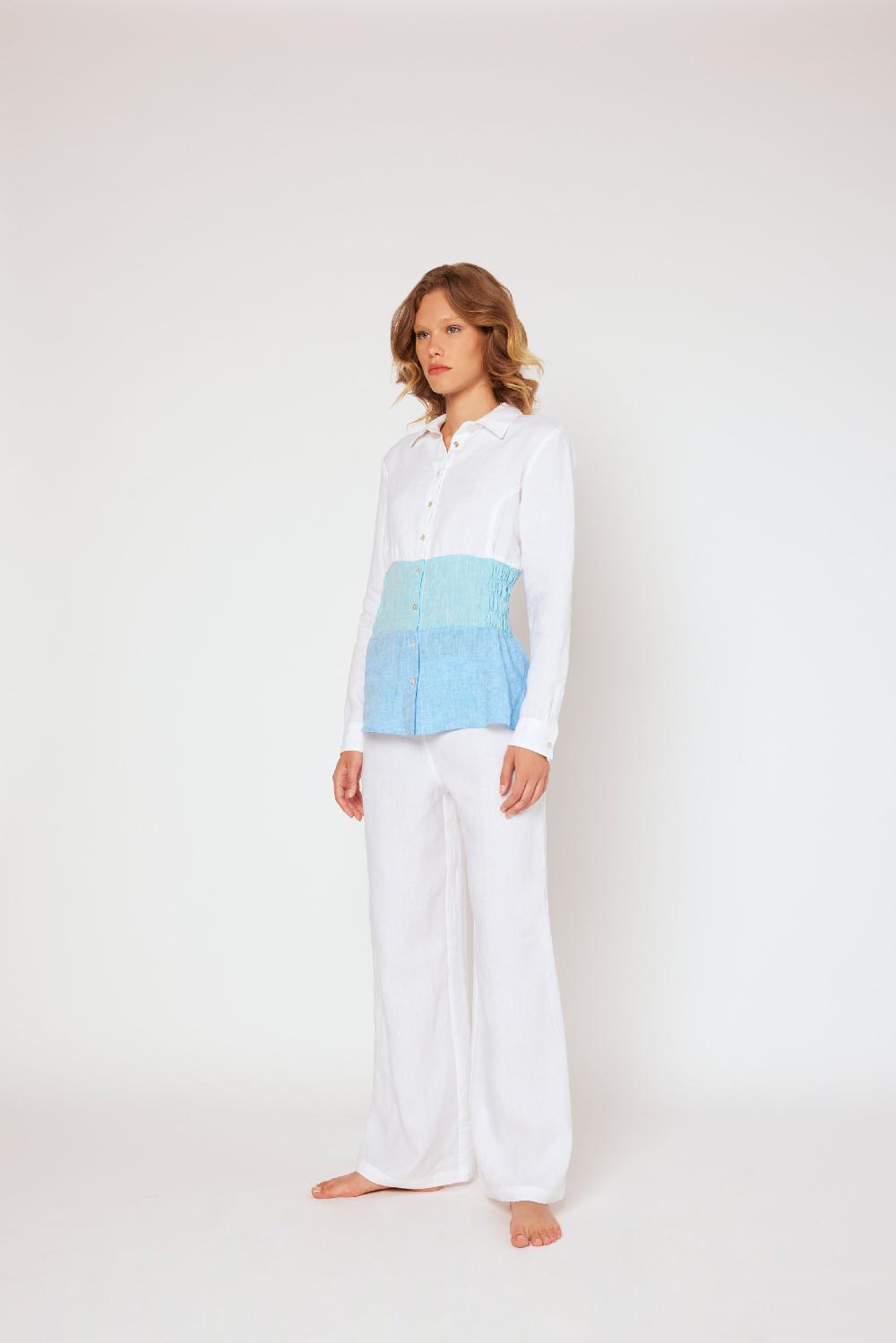 120% Lino Yarn-dyed linen blouse White/Blue Nuovo