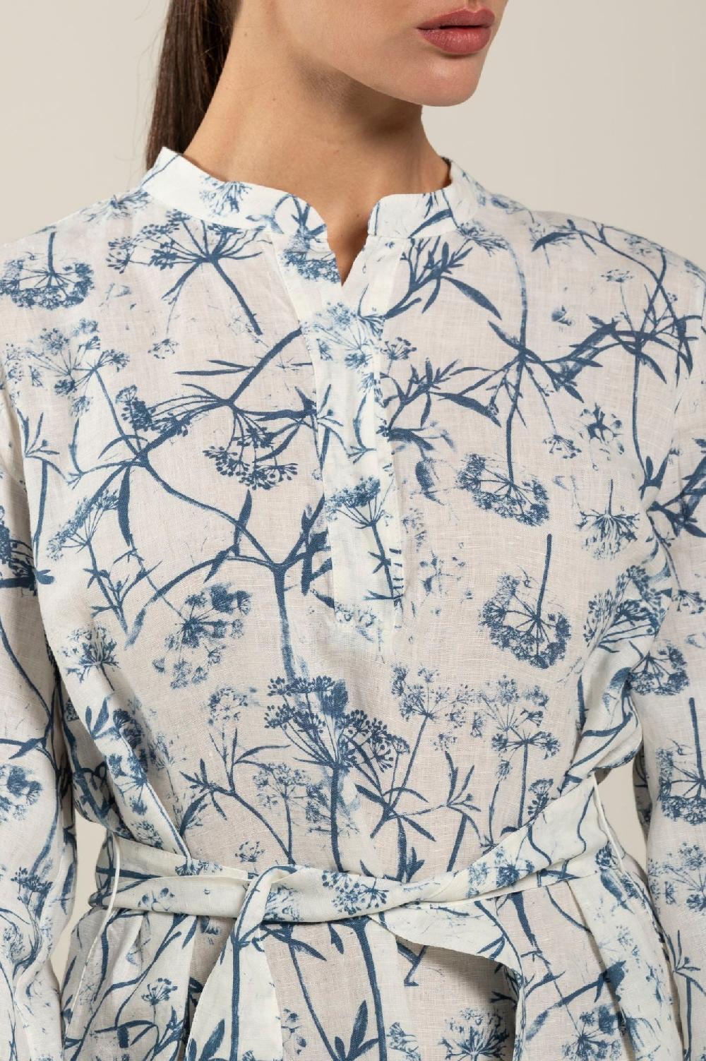120% Lino Long Sleeve Woman Floral Patterned Dress With Belt Negozi Online