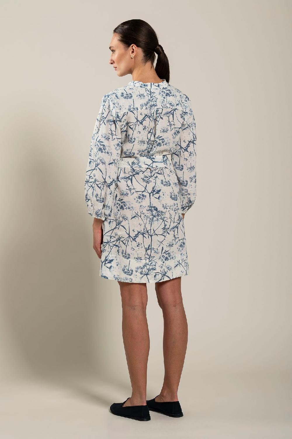 120% Lino Long Sleeve Woman Floral Patterned Dress With Belt Negozi Online