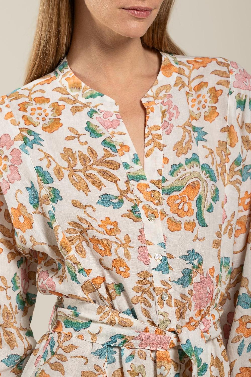 120% Lino Colorful Floral Patterned Dress With Belt Consegna Veloce