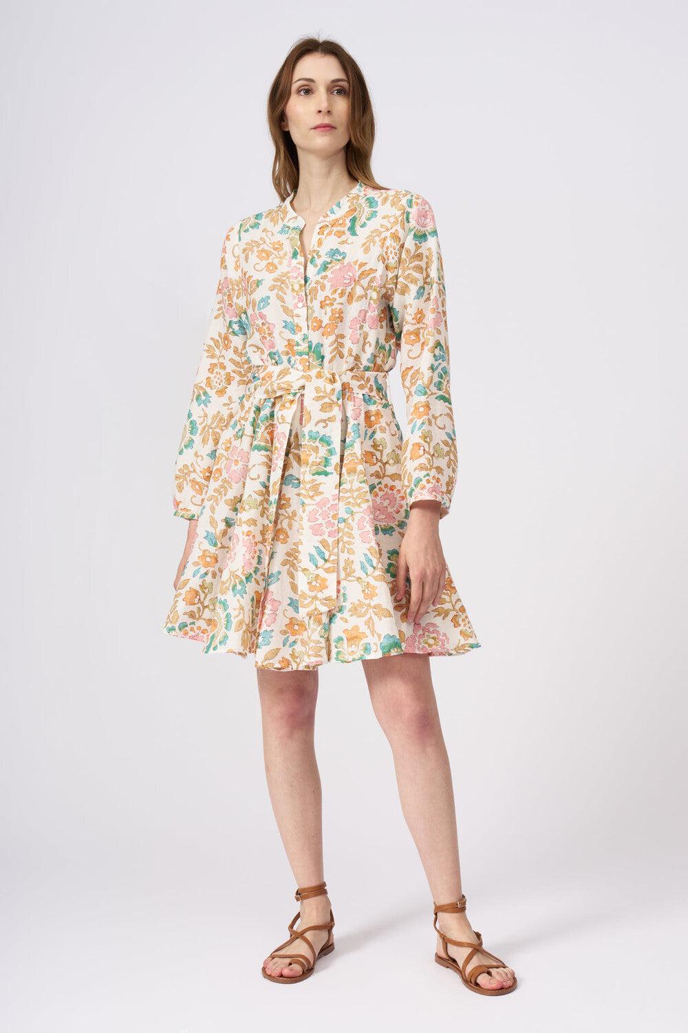 120% Lino Colorful Floral Patterned Dress With Belt Consegna Veloce