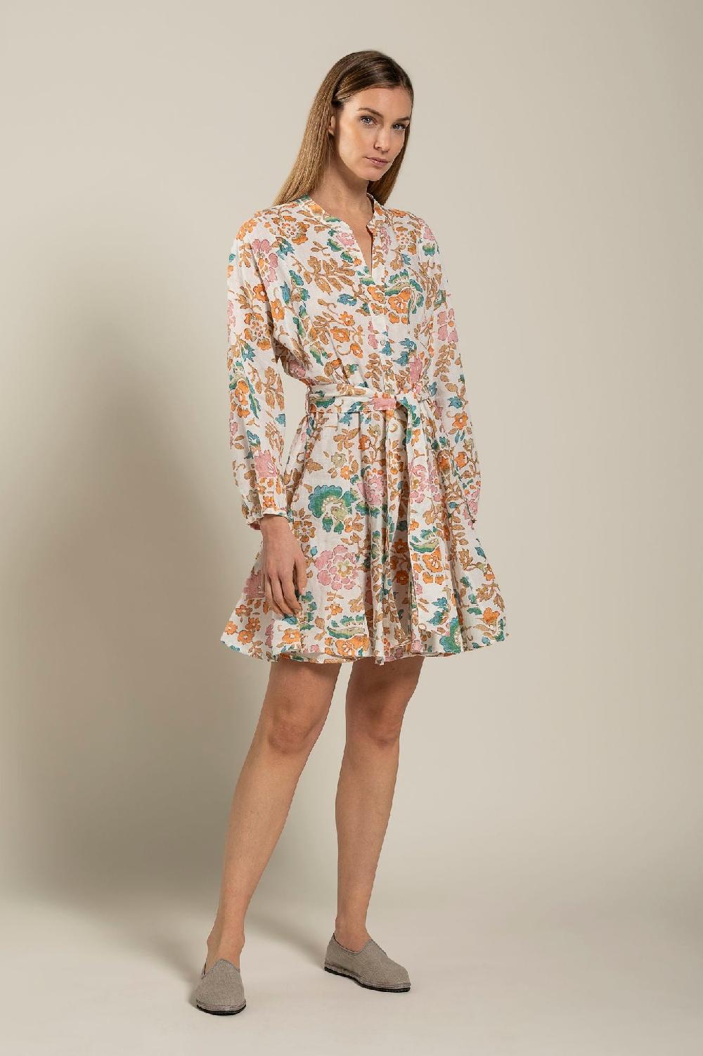 120% Lino Colorful Floral Patterned Dress With Belt Consegna Veloce
