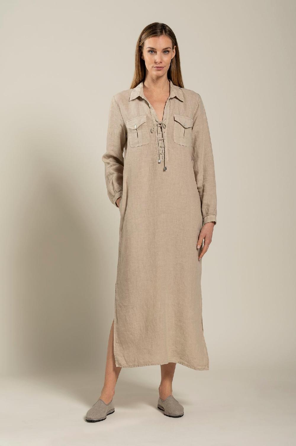120% Lino Long Sleeve Dress With Pockets Convenienza
