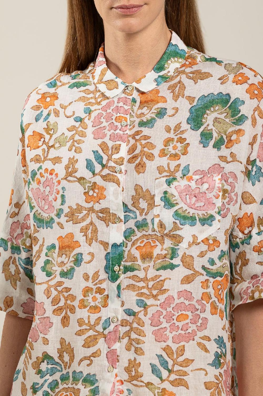 120% Lino Short Sleeve Woman Floral Pattern Shirt Novità