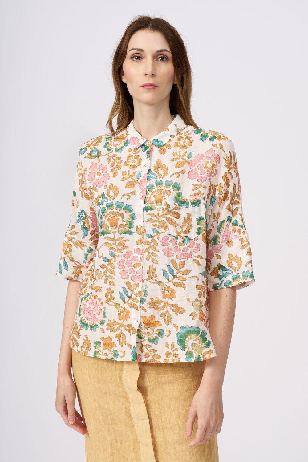 120% Lino Short Sleeve Woman Floral Pattern Shirt Novità