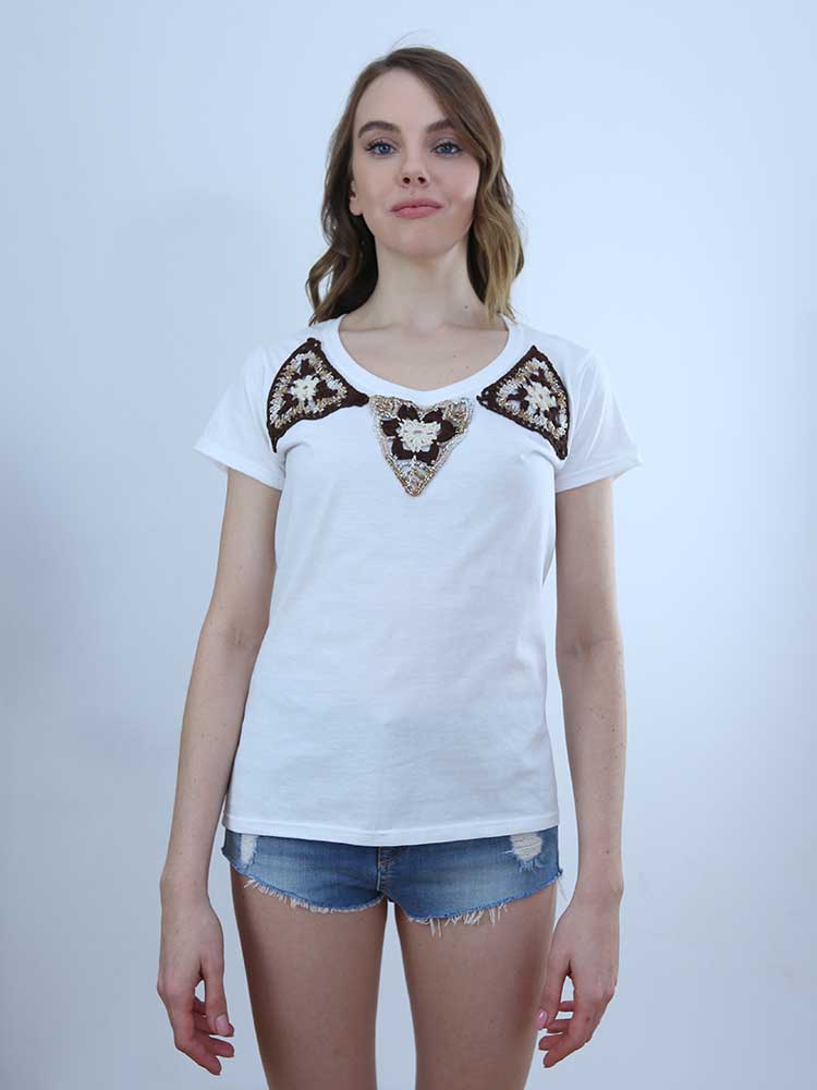 Tricot à Porter T-SHIRT SCOLLO PROFONDO APPLICAZIONI CROCHET Grandi sconti