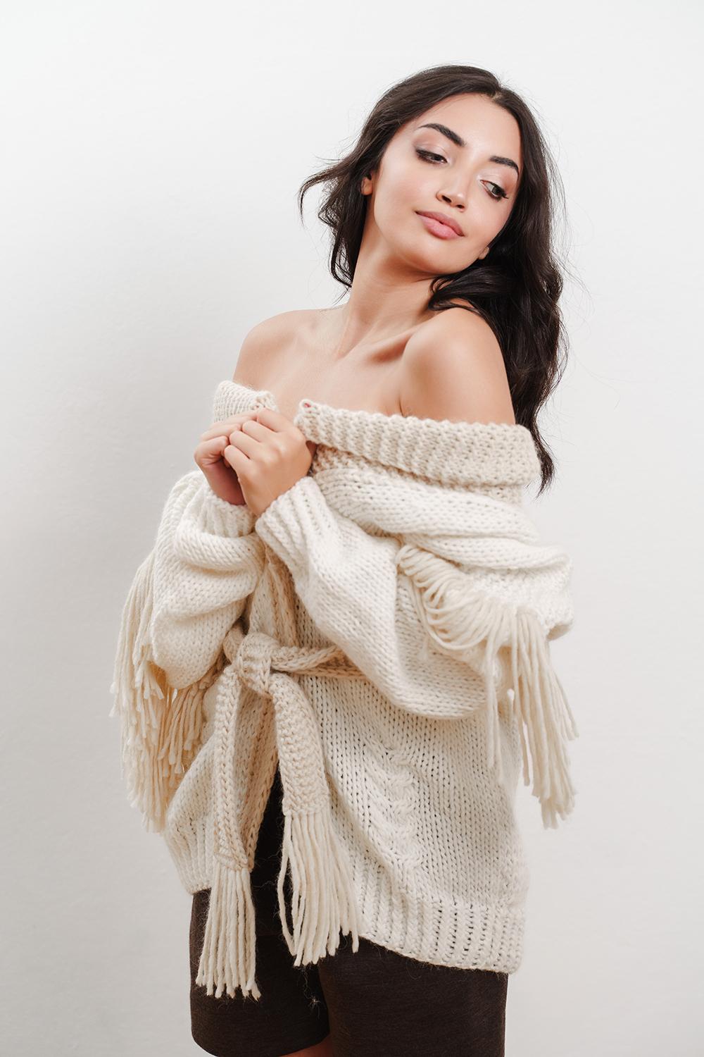 Tricot à Porter Cardigan collo a scialle cintura e frange sul giro manica basso Vendite Flash