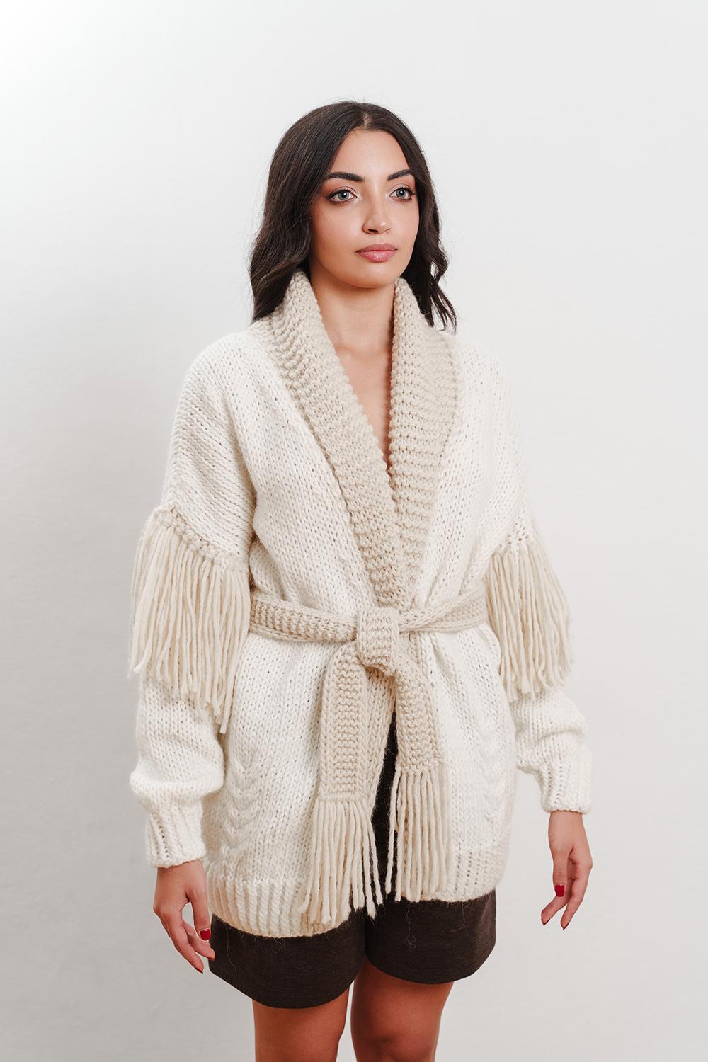 Tricot à Porter Cardigan collo a scialle cintura e frange sul giro manica basso Vendite Flash