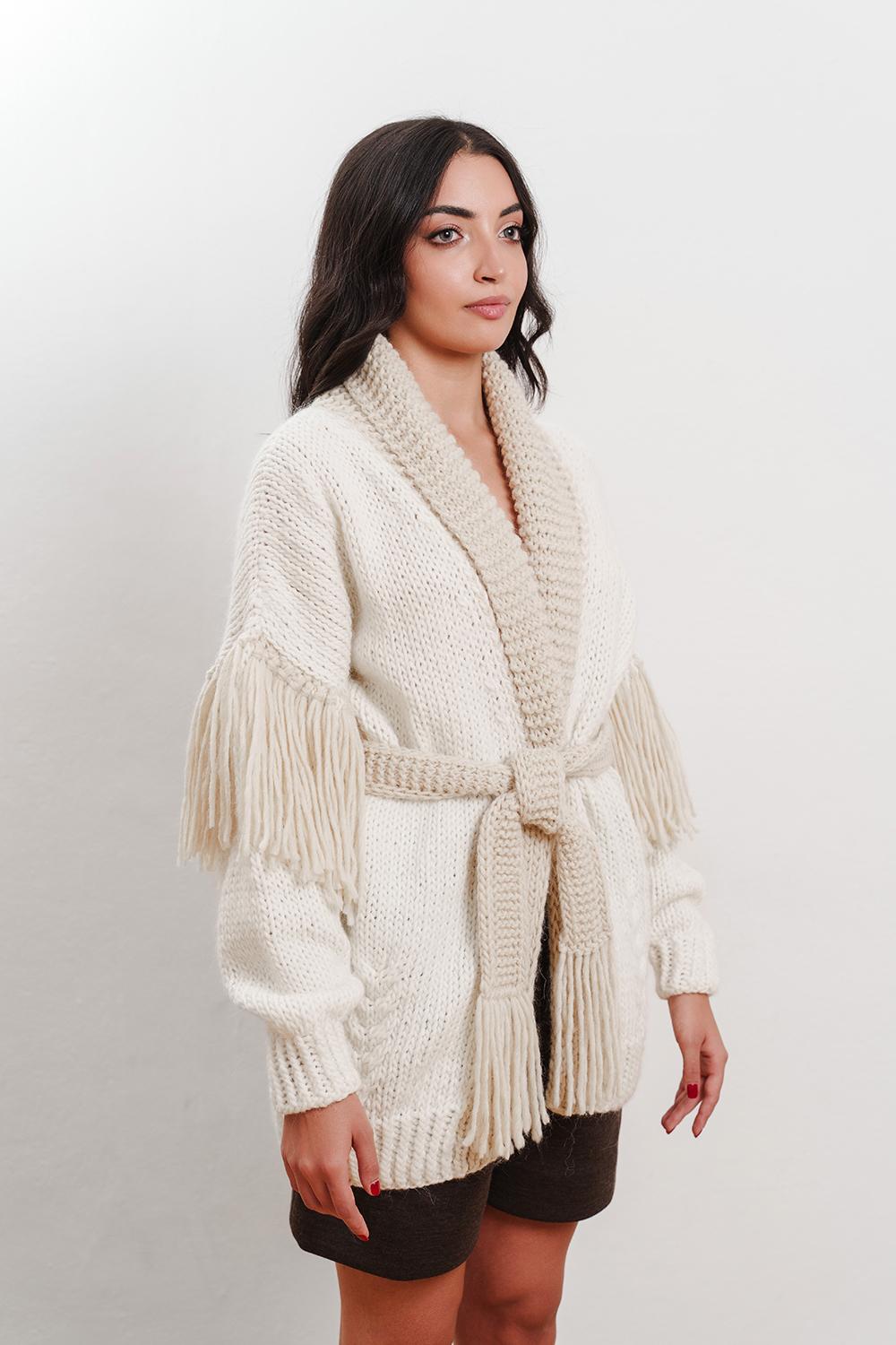 Tricot à Porter Cardigan collo a scialle cintura e frange sul giro manica basso Vendite Flash