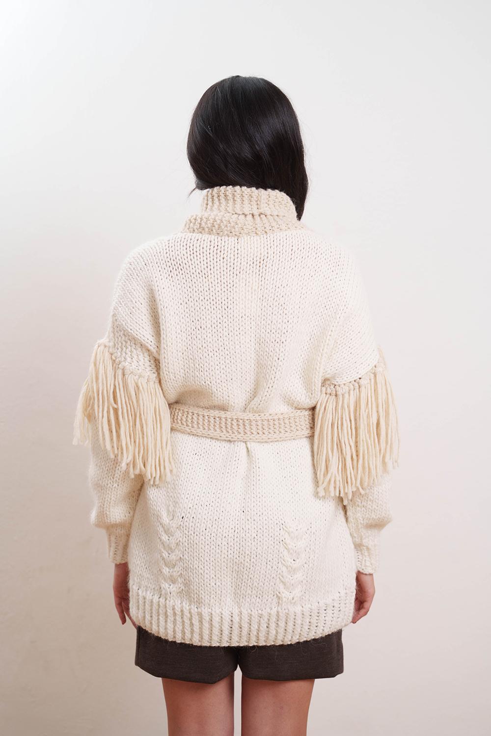 Tricot à Porter Cardigan collo a scialle cintura e frange sul giro manica basso Vendite Flash