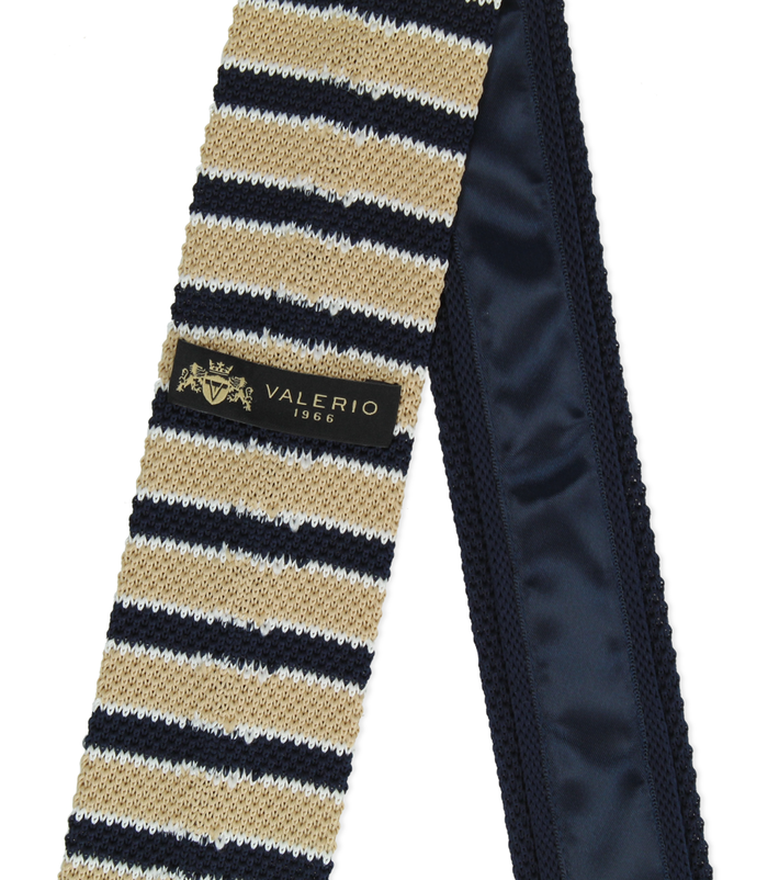 Valerio 1966 Cravatta blu/beige rigata in cotone con fondo dritto uomo | Valerio 1966 Saldi Di Fabbrica