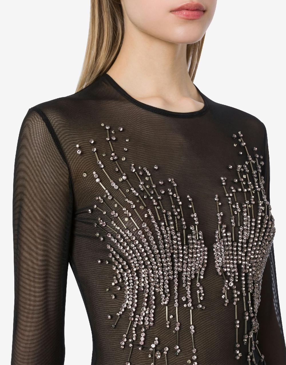 Alberta Ferretti T-shirt in tulle stretch con strass e perline Sottocosto
