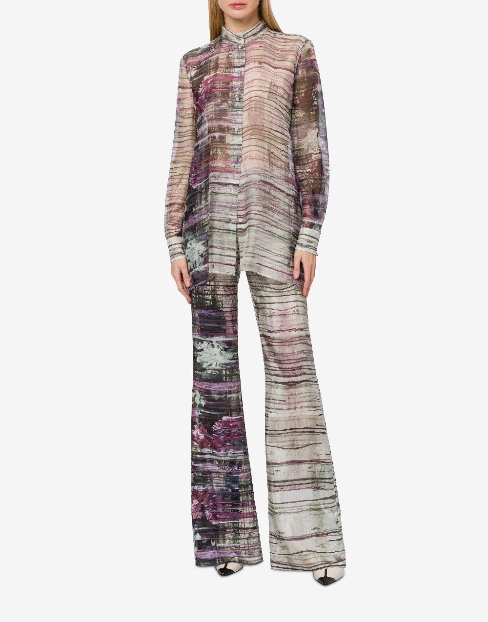 Alberta Ferretti Pantalone in habotai con stampa Dripping Roses Nuovo