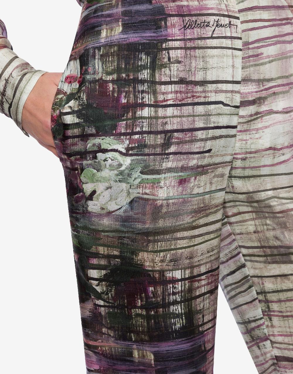 Alberta Ferretti Pantalone in habotai con stampa Dripping Roses Nuovo
