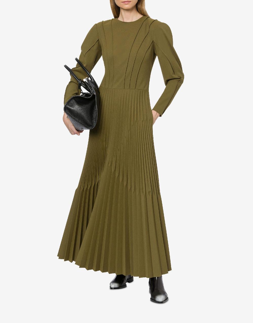 Alberta Ferretti Abito lungo in twill di lana stretch con plissé Offerta