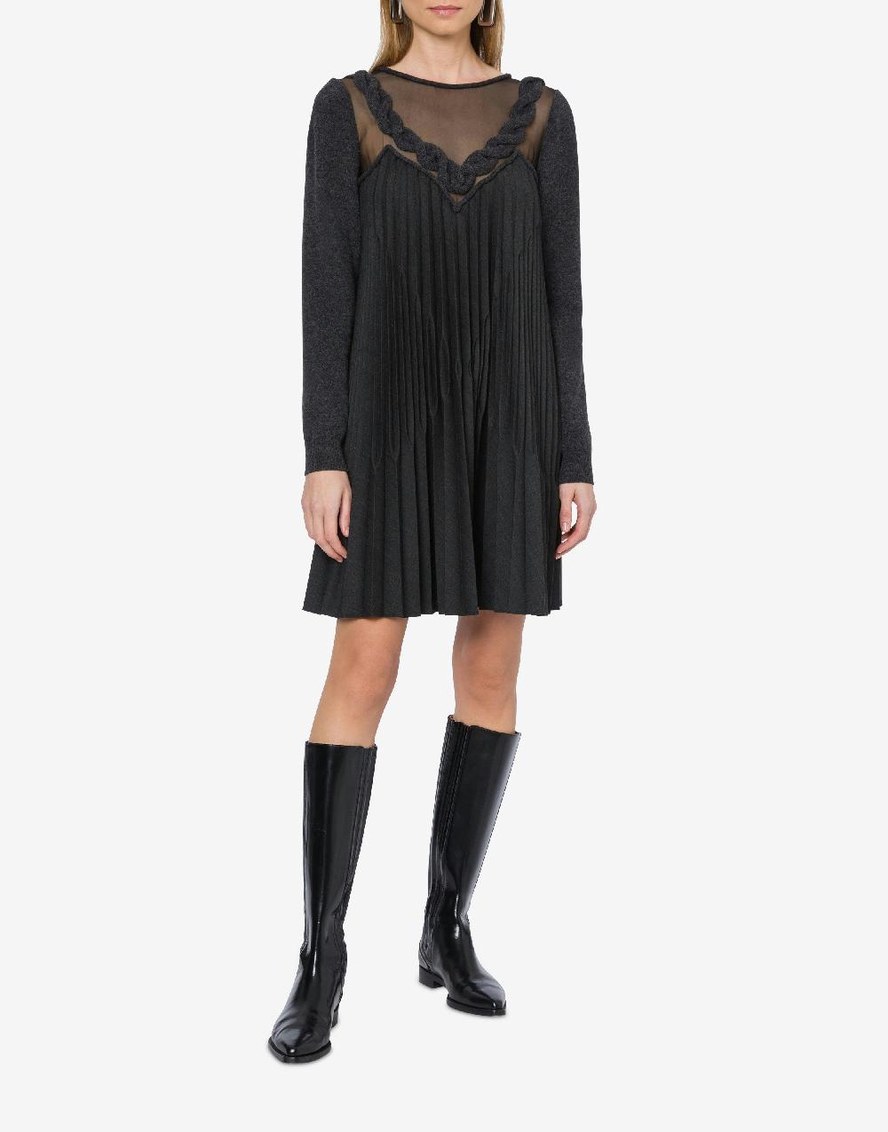 Alberta Ferretti Abito corto in twill di lana stretch con treccia Moda
